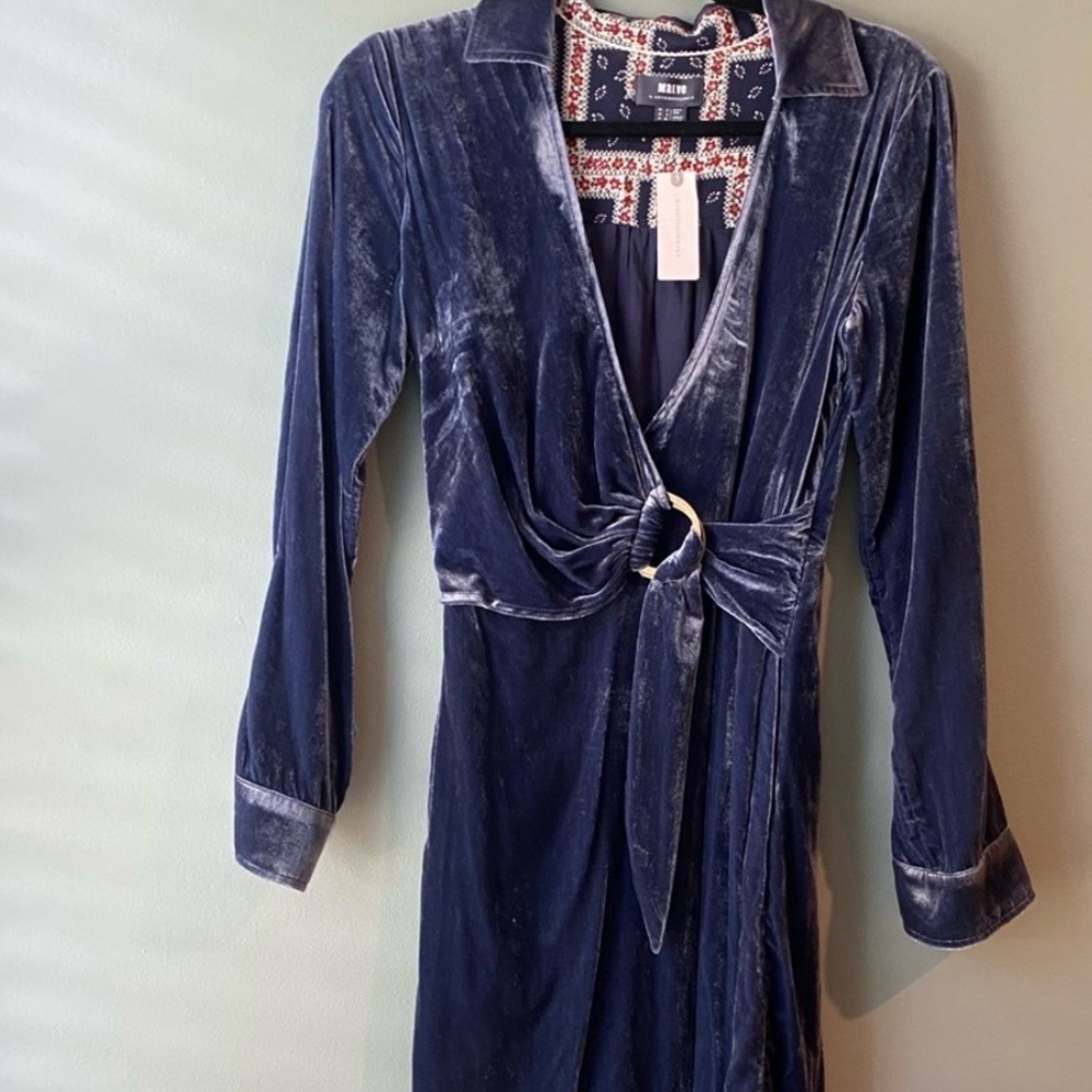 NWT Maeve for Anthropologie Blue Velvet Wrap Shirt Dress Size 0 - Picture 6 of 9